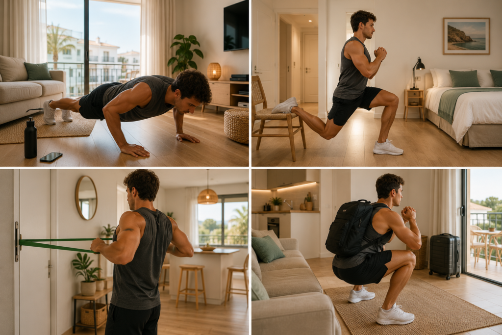 Ejercicios de fuerza en un apartamento turístico para mantener masa muscular.
