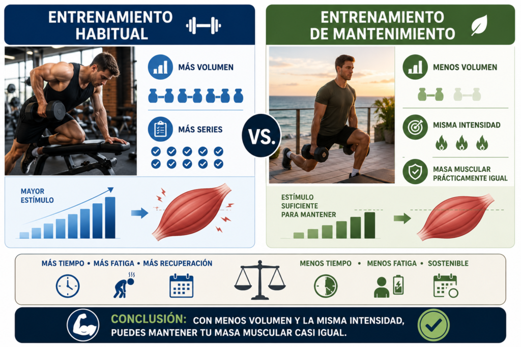 Comparativa entre entrenamiento habitual y entrenamiento de mantenimiento para conservar masa muscular.