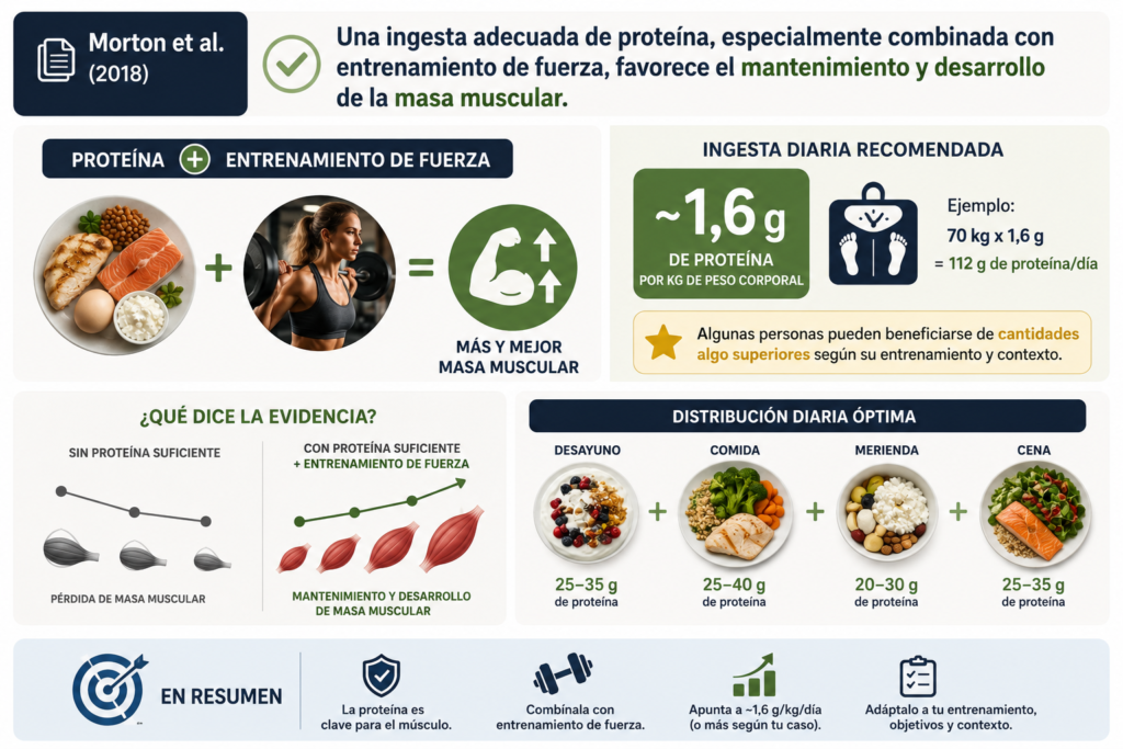 Infografía basada en el estudio de Morton et al. sobre proteína y mantenimiento de la masa muscular.