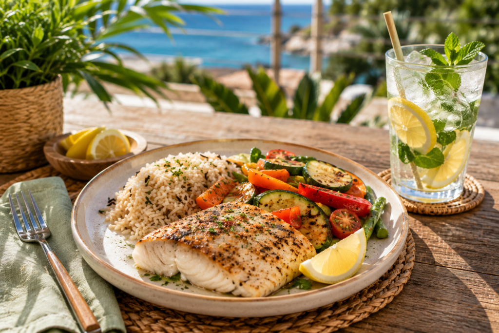 Plato equilibrado con pescado, arroz y verduras para mantener masa muscular en verano.