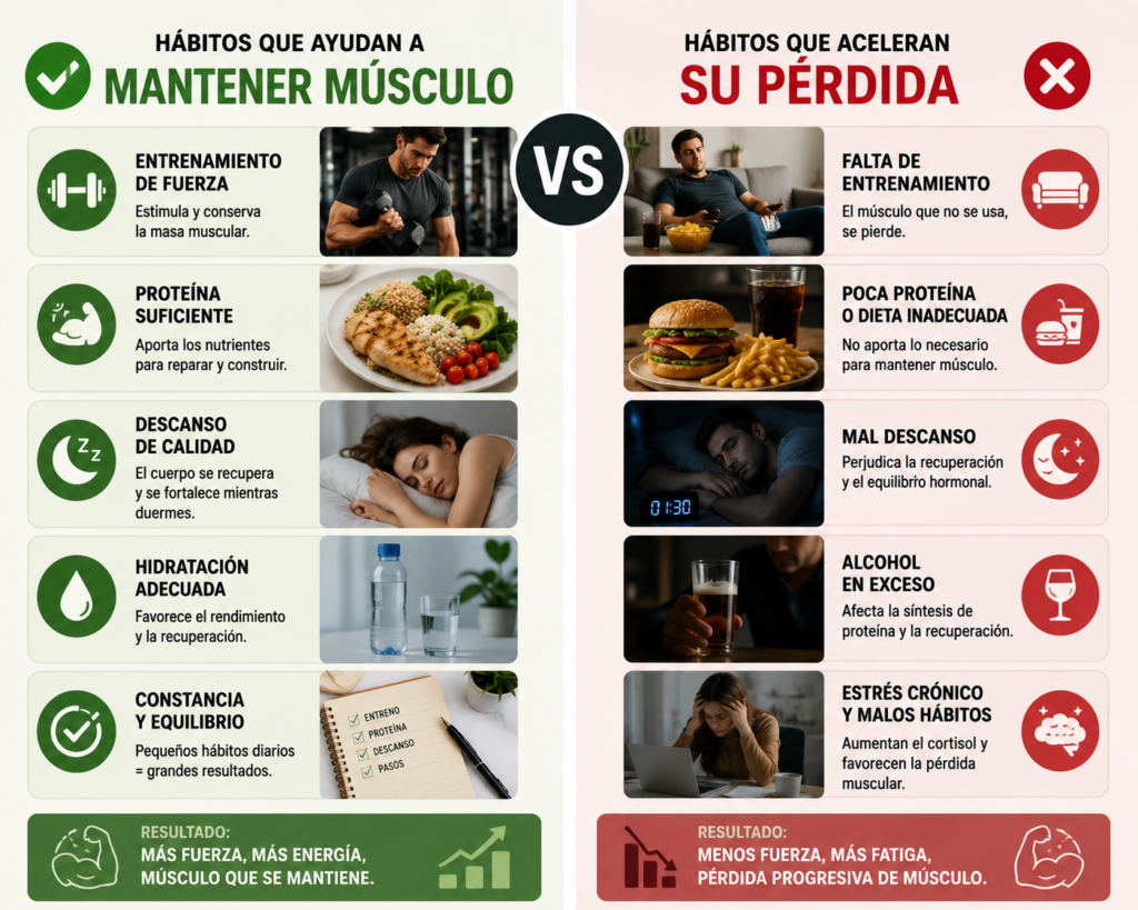 Infografía sobre hábitos que ayudan a mantener masa muscular y errores que aceleran su pérdida.