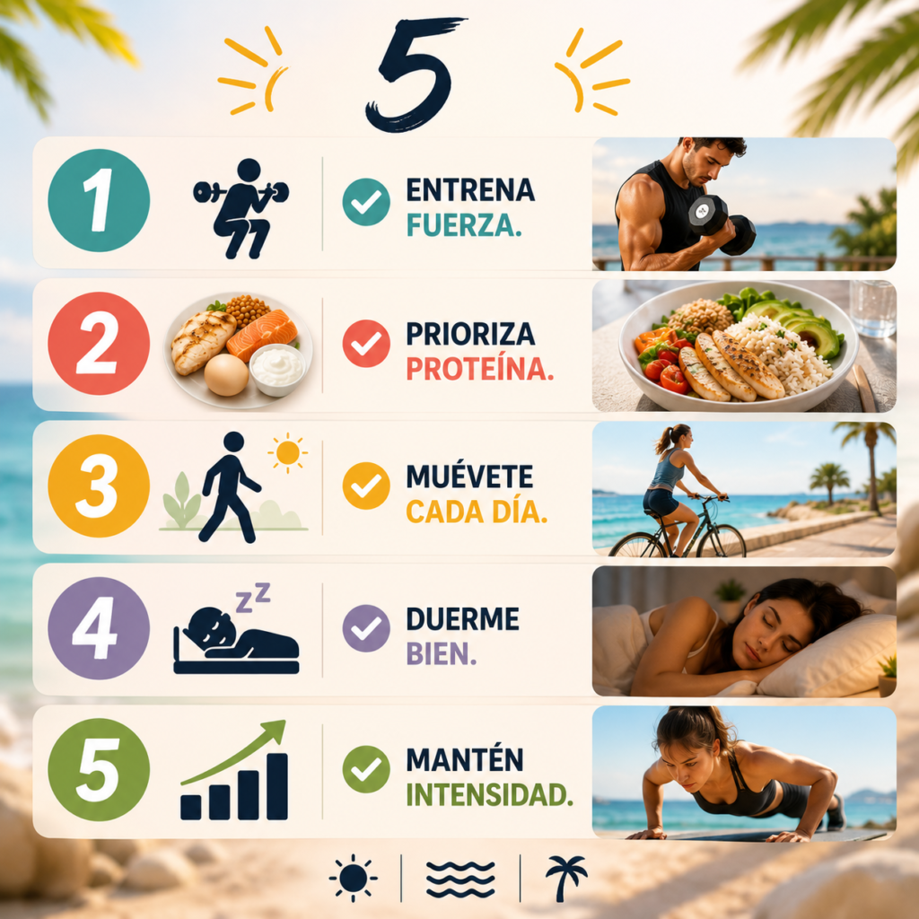 Infografía con las cinco claves para mantener la masa muscular durante las vacaciones.