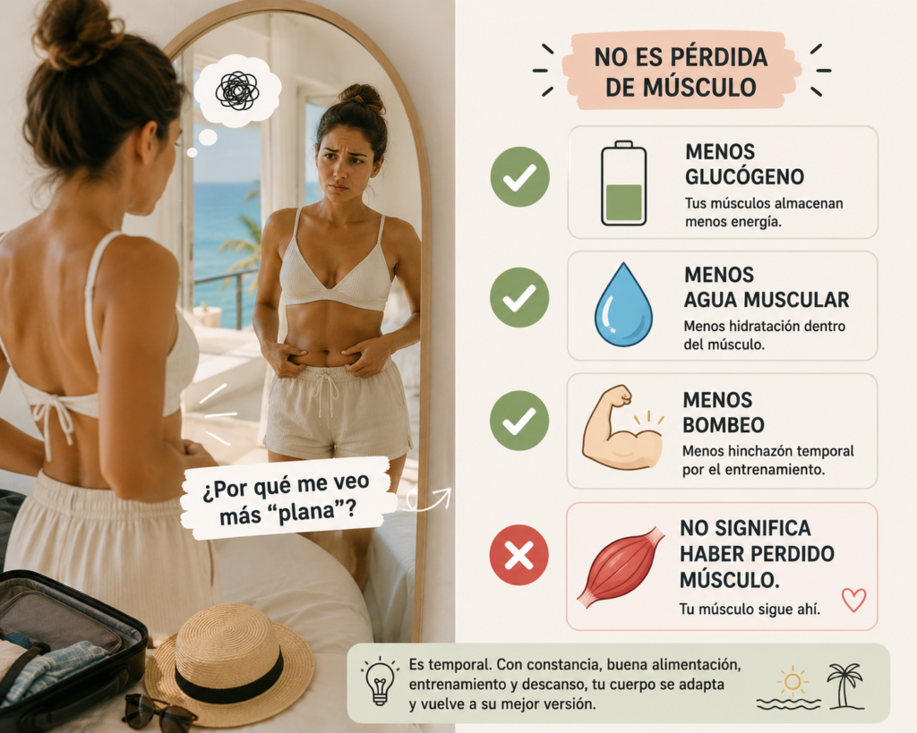 Infografía sobre por qué el músculo se ve menos lleno durante las vacaciones sin haberlo perdido.